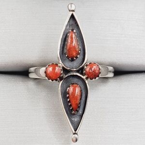 925 Sterling Silver Genuine Red Coral Teardrop Ring